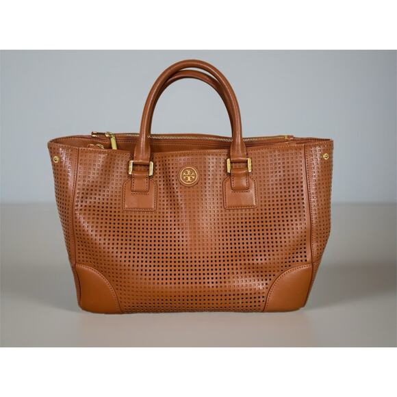 Authentic Tory Burch Robinson Perforated Tote Double Zip Satchel Brown No Strap - Picture 1 of 16